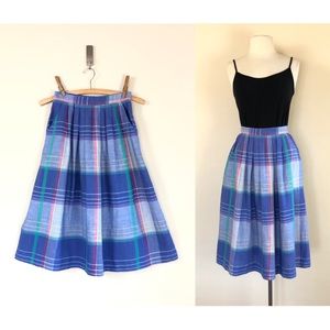 vintage plaid cornflower blue full skirt 50s pastel plaid linen skirt mod boho